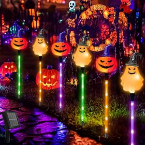 Halloween Decorations Outdoor Solar Pumpkin Ghost Witches Hats Lantern Garden Stake Lights, 6 Pack 8 Modes Solar Halloween Lights Waterproof for Outside Yard Pathway Grave Lawn Porch Party Decor Decor