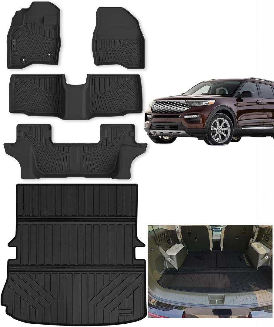 Floor Liners & Large Cargo Liners for 2015-2019 Ford Explorer,TPE All Weather Protection with Trunk Mat (Can Be Folded) Covering The Backrest