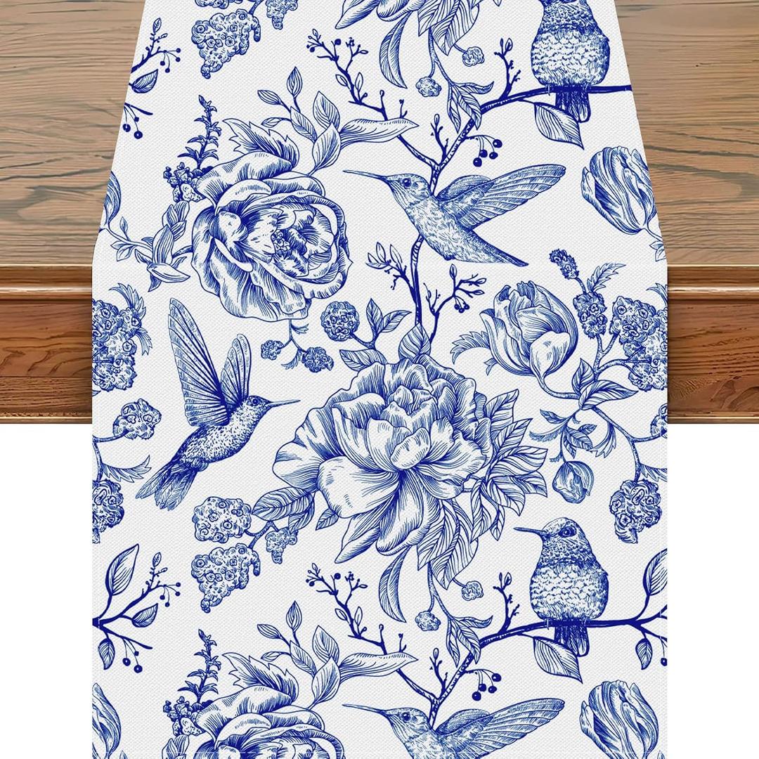 Snycler 13x72 Inch Table Runner Blue and White Monochrome Sketch Birds Flower Table Cover Retro Floral Kitchen Dining Table Decoration for Indoor Outdoor Home Party Restaurant Supplies