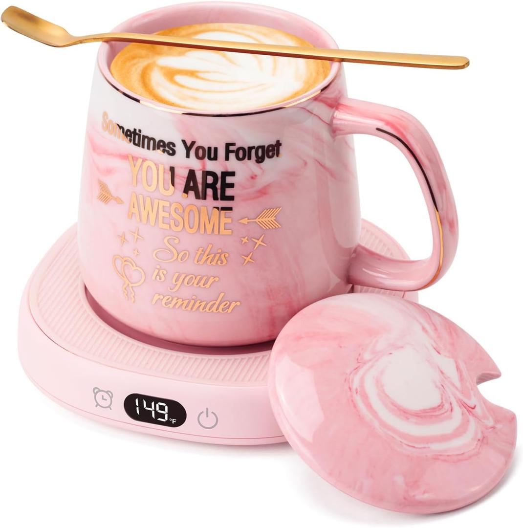 Coffee Mug Warmer & You are Awesome Mug Set, Electric Cup Warmer for Desk, Beverage Warmer with 4 Temperature Setting, 8-Hours Auto Shut Off