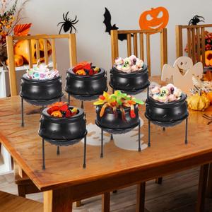 Jenaai 6 Pcs Halloween Witch Cauldron Candy Serving Bowl Set Plastic Black Witch Cauldron on Stand Candy Holder for Home Indoor Outdoor Kitchen Halloween Party Decorations