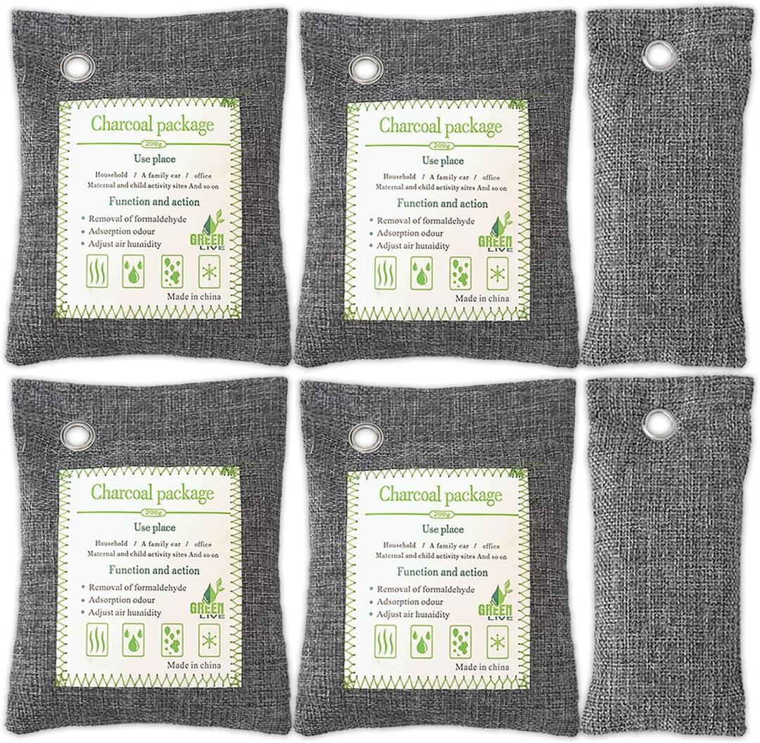 Activated Charcoal Odor Absorber (4x200g Large + 2x75g Small), Bamboo Charcoal Air Purifying Bag, Odor Deodorizer and Eliminator for Cars, Refrigerators, Shoes, Pets, Closets, and More.
