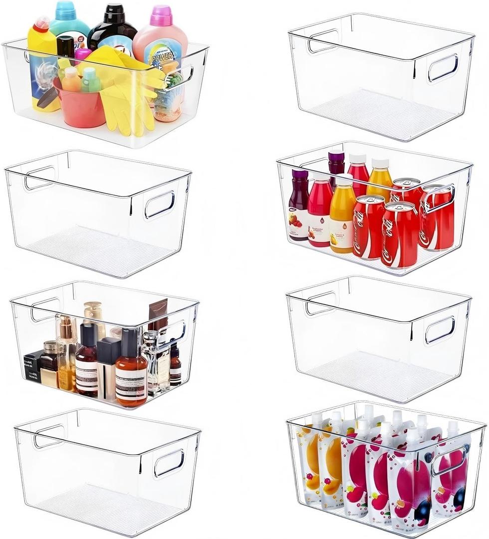 Set of 8 Large Clear Plastic Storage Bins (8L), Storage Containers for Pantry Organization and Kitchen Storage Bins,Home Edit and Cabinet Organizers