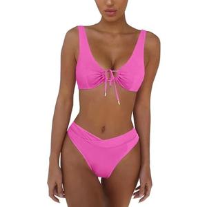 LKAIIN Womens Pink Tummy Control Swimsuit Modest High Waisted V Neck Cutout Push Up Bikini Set Cute High Cut  MLKAIIN Bikini top for Women Sexy Tie Front, M