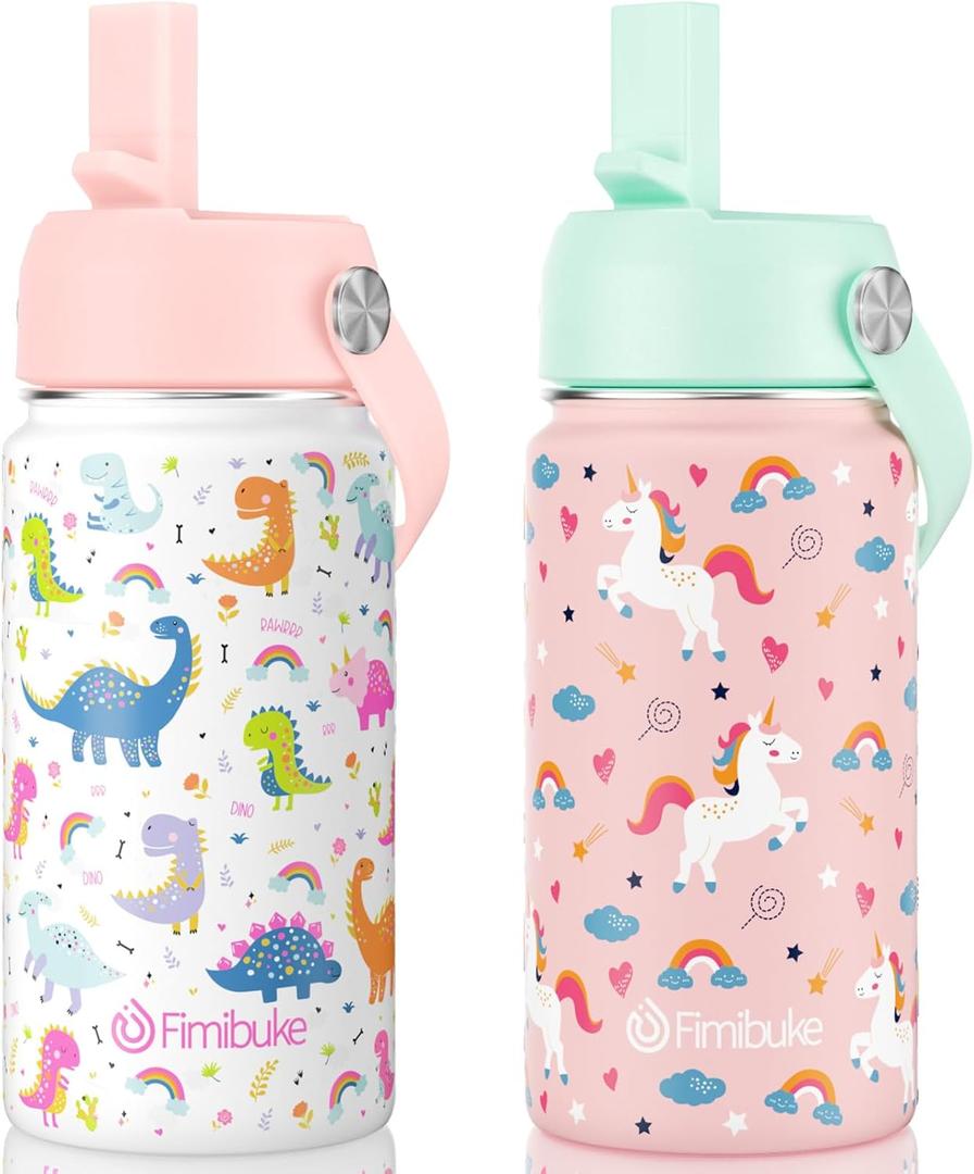 Fimibuke Kids Insulated Water Bottle, 14oz BPA FREE Double Wall Vacuum Tumbler 18/8 Stainless Steel Leak Proof Kids Cups with Straw Metal Bottle for School Boy Girl (2 Pack, UNICORN/WHITE DINOSAUR)
