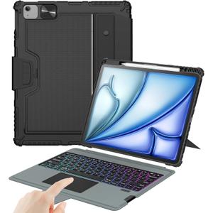 Nillkin Keyboard Case for iPad Air 13-inch (M3 2025/M2 2024), iPad Pro 12.9-inch (6th/5th/4th/3rd Gen) Rugged Case with Detachable Keyboard, Magic Trackpad, 7-Color Backlit, Portrait/Landscape, Black