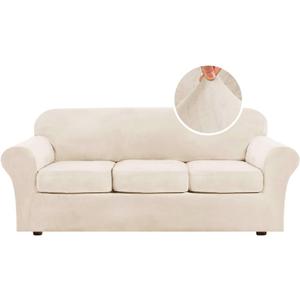 H.VERSAILTEX Modern Velvet Plush 4 Piece High Stretch Sofa Slipcover Sofa Cover Furniture Protector Form Fit Thick Velvet Sofa Cover for 3 Cushion Couch Width Up to 90 Inch (Sofa, Cream)