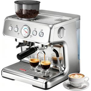 Espresso Machine, 20 Bar Semi-Automatic Espresso Machine with Grinder & Milk Frother Steam Wand, 1450W Home Cappuccino Latte Machine with Removable 95 Oz Water Tank, Stainless Steel