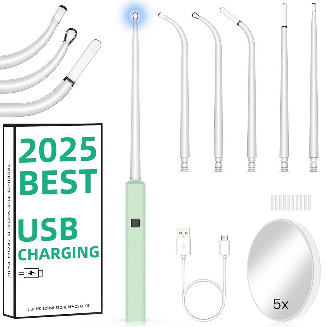 2025 Best Tonsil Stone Remover 6pcs Extended LED Light Guiding Scoop Curved Tonsil Stone Removal Kit Remove Tonsil Stone Water Flosser Oral Irrigator Tool Rinse Syringe Cleaner Fresh Breath Soft