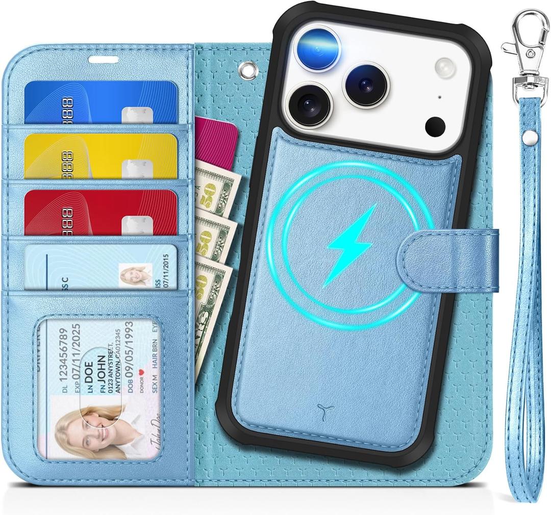 TUCCH Removable Case Wallet for iPhone 17 Pro (6.3") 2025, Detachable Wrist Strap, Wireless Charging, Stand, 4 Card Slots RFID Blocking, 2-in-1 Magnetic, PU Leather Shockproof Cover, Pearly Light Blue