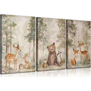 MIZILI 3Pcs Woodland Animal Nursery Canvas wall art Wild Animals Forest Paintings Pictures Wall Decor Fox Bear Deer Watercolor Poster Printing Artwork for Boys Room Girls Room Home Decoration (12x16in)