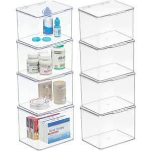 mDesign Plastic Bathroom Storage Organizer Box w/Hinge Lid for Closet, Shelf, Cupboard, Vanity, Hold Medicine, Lotion, Cotton Swabs, Masks, Styling Tools, Lumiere Collection, 8 Pack, Clear