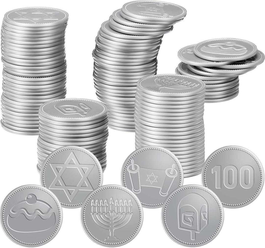 Zubebe 300 Pieces Plastic Hanukkah Gelt Coins Bulk Dreidel Menorah Star of Davids Design Coins for Hanukkah Party Favors Decorations, 6 Styles for Treasure Hunt Game(Silver)