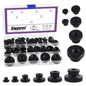 Swpeet 60Pcs 6 Sizes M3 M4 M5 M6 M8 M10 Black Zinc Carbon Steel High Head Through Hole Knurled Thumb Nuts Assortment Kit, Round Knurled Thumb Nuts Lock Adjusting Nuts for 3D Printer Parts