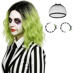 Wiggy Mermaid 14'' Short Ombre Green Wig Women + Earrings Accessories, Shoulder Length Wavy Green Bob Wig St.Patrick's Day Wig + Cap for Halloween Costume Party Cosplay