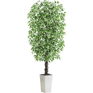 Artificial Ficus Tree Indoor 7FT Fake Plants Large Artificial Plant with Crack White Tall Planter, Green Lifelike Lush Fake Ficus Tree for Home Living Room Bedroom Outdoor Balcony House Office Decor