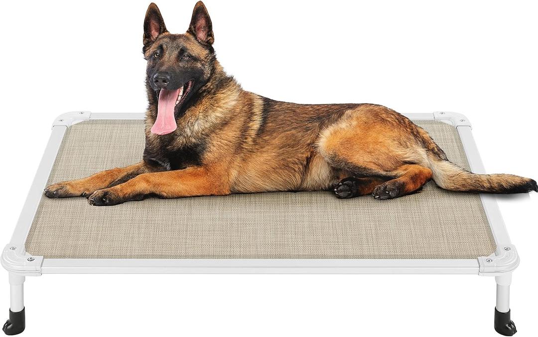 Veehoo Chew Proof Elevated Dog Bed - Cooling Raised Pet Cot - Silver Aluminum Frame and Durable Textilene Mesh Fabric, Unique Designed No-Slip Feet for Indoor or Outdoor Use, Beige Coffee, Large (42.0"L x 30.0"W x 7.0"Th)