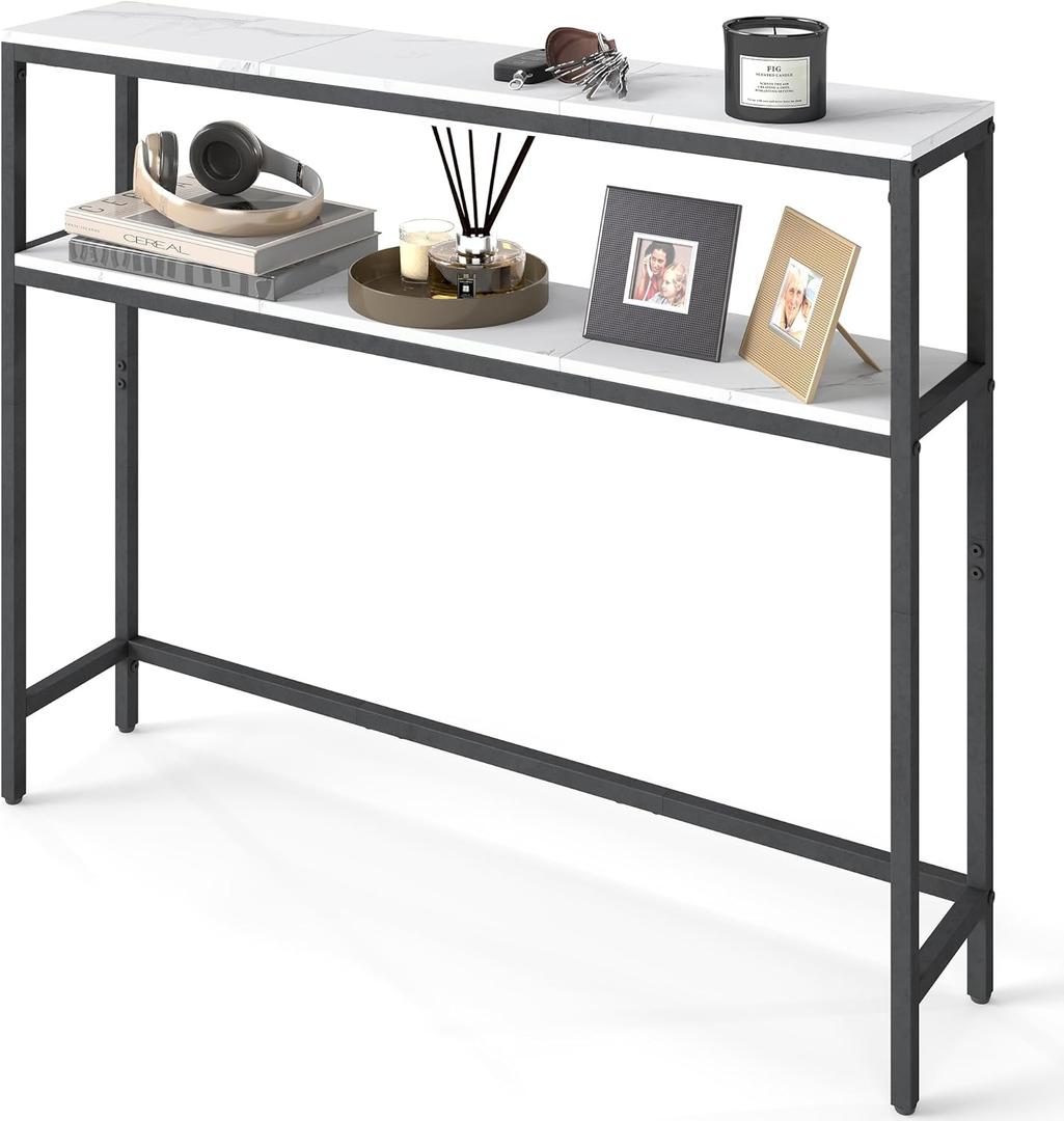 VASAGLE Console Table, 2-Tier Narrow Sofa Table with 2 Shelves, 7.9 x 39.4 x 31.5 Inches, for Living Room, Hallway, Entryway, Marble White and Ink Black ULNT131W59V1