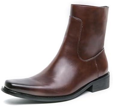 QKLMWES Mens Leather Pull On Low Chunky Heels Square Toe Dress Western Chelsea Boots Casual Ankle Cowboy Boots with Side Zipper & Buckles for Prom Formal Party Working Business (Brown, 8.5)