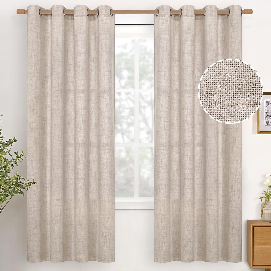 YoungsTex Natural Linen Curtains 72 Inch Long 2 Panels for Living Room, Light Filtering Drapes Textured with Bronze Grommet for Bedroom Country Decorative Burlap, 52 X 72 Inch