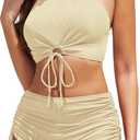 Women High Waisted Shorts Bikini Sets Tummy Control Swimsuit Two Piece Halter Drawstring Bathing Suit (Beige, M)