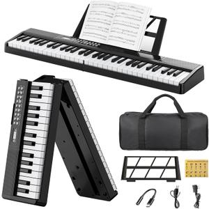 Buinblu Electronic Piano Keyboard,Foldable 61 Key Digital Pianos with Power Adapter,Sheet Music Stand,Sticker,Bag,Gift for Beginners,Black