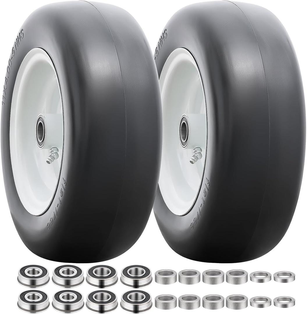 11 Solid Tires, Flat Free Tires11x4.00-5 Wheels with 3/4 Axle Bore Hole and Double Sealed Bearings Compatible with Hand Truck Wheelbarrow Tire Lawn Mower Tires (White, 2PCS) P-098