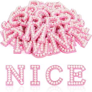 ASTARON 26 Pcs Self Adhesive Letter Patches Pearl Rhinestone Letter Stickers, Glitter Rhinestone Letters A-Z Embroidered Applique Patches Alphabet Cloth Patch for Clothes, Bags, Hat, Phone Case, DIY, Pink
