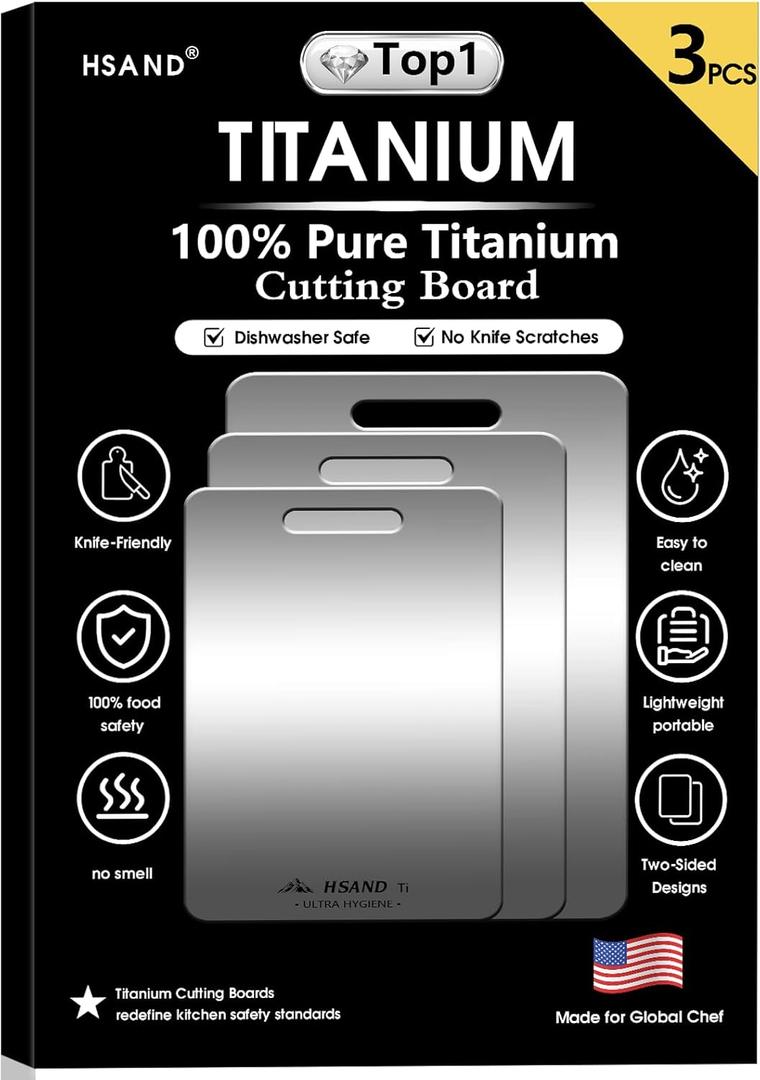 3-Pack Titanium Cutting Boards for Kitchen, Non-Slip & Double-Sided Design, 100% Pure Titanium Food-Grade Non Toxic Cutting Board, Knife-Friendly, Dishwasher Safe (12"x9"+14"x10"+18"x12")
