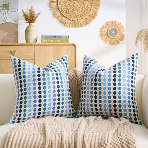 Farmhouse Pillow Covers 18x18 Boho Pillow Case Decorative Throw Pillows Couch Cotton Pillow Cases Blue Throw Pillows for Couch Accent Square Cushion Covers for Sofa Couch Bed Living Room Set of 2