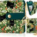 Jogjam Black Cat Floral Rfid Women Wallet, Small Slim Thin Credit Card Wallet, PU Leather Bifold Cash Zipper Coin Pocket ID Window for Female Ladies Teen Girls Girly
