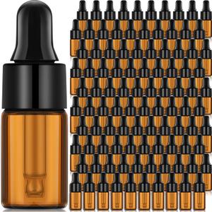 Nuogo 100 Pcs Mini Amber Glass Oil Dropper Bottle Bulk, Clear Essential Small Empty Sample Vial with Dropper and Black Caps Tiny Amber Glass Bottles Perfume Jars for Travel(3 ml)