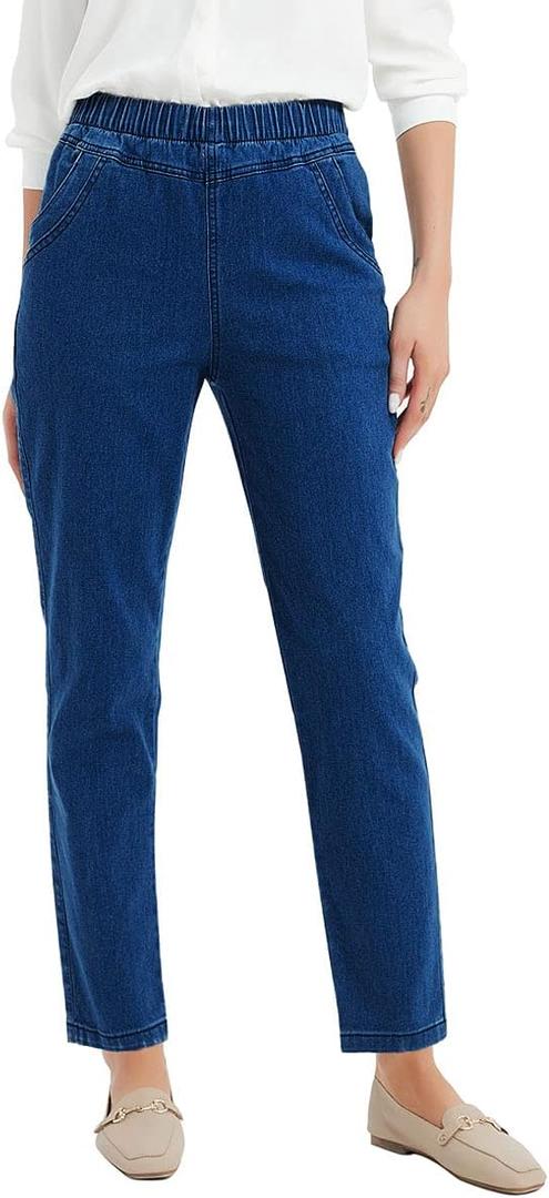 Soojun Women's Elastic Waist Jeans Stretch Pull On Pants, Blue, Large