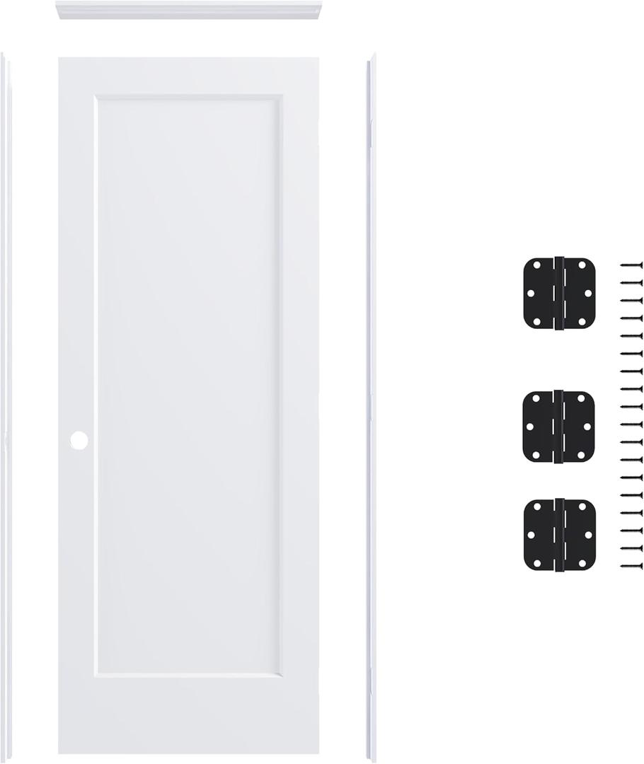 JUBEST 30"x80" Left-Hand Prehung Interior Door with Knock Down Jamb Kit & Matte Black Hinges, 1-Panel White Primed Hollow Core Molded Door Slab with Bore & Hinge Cutout, Durable & Sturdy, No Handle