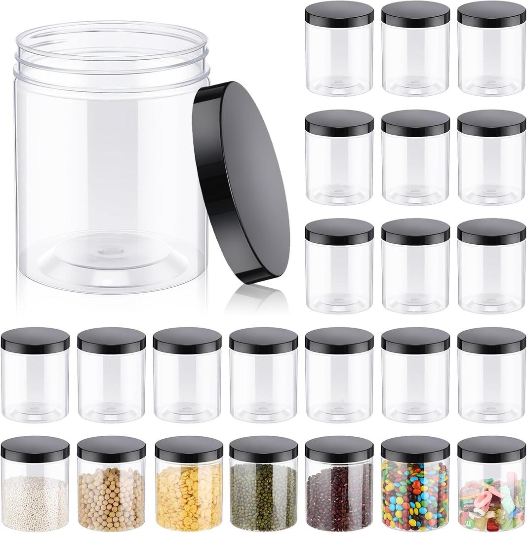 Irenare 24 Pcs 16 oz Clear Plastic Jars with Ribbed Lids Wide Mouth Food Plastic Mason Jars 16 oz Airtight Paint Storage Containers for Dried Fruit, Honey, Nuts, Kitchen Household (Black Lids)