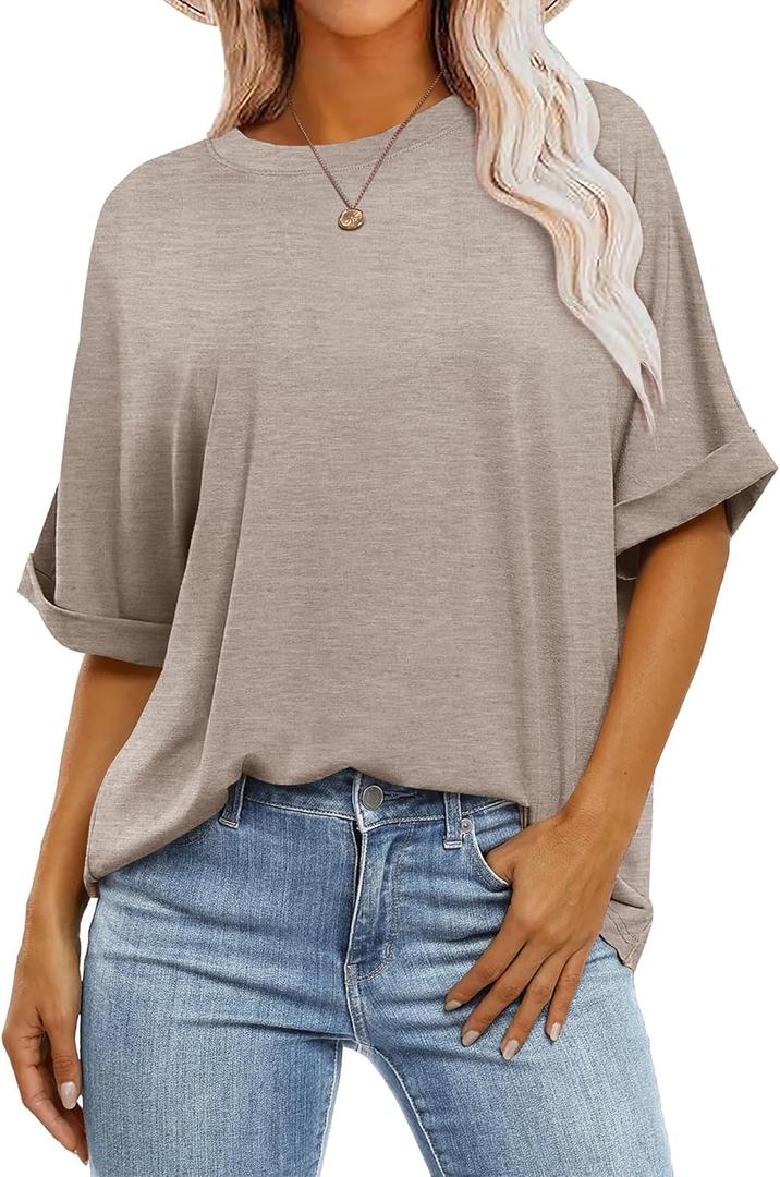 Zeagoo Women Oversized T-Shirt Summer Casual Short Sleeve Loose Tee Tops Basic Tee Shirts Brown (L)