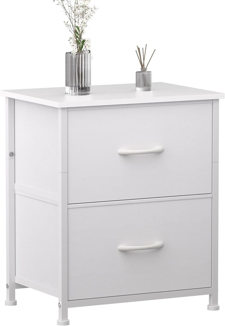 Nightstand with Drawer, 2 Drawers Dresser for Bedroom, Small Night Stand and Dressers Sets with 2 Fabric Drawers, Mini Dressers for Entryway, End Table with Drawer for Living Room, White