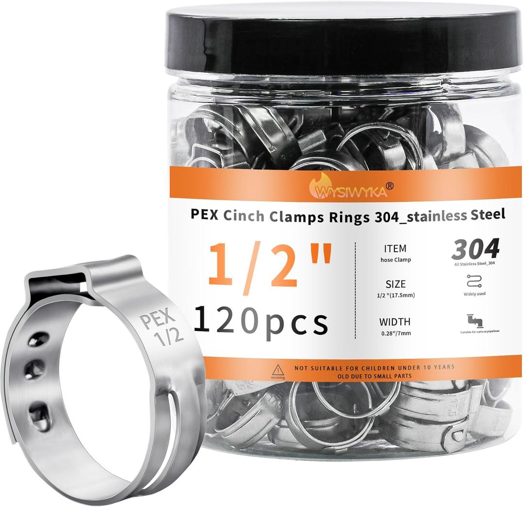 120pcs 1/2 inch PEX Cinch Clamps Rings, 304 Stainless Steel Single Ear Hose Clamps, Heavy Duty Pex Crimp Rings for PEX Tubing Pipe Fitting Connections