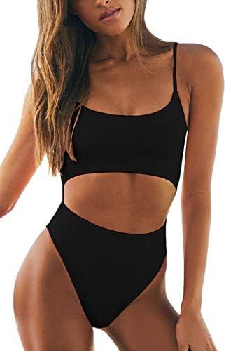 Meyeeka Womens Scoop Neck Cut Out Front Lace Up Back High Cut Monokini One Piece Swimsuit Medium