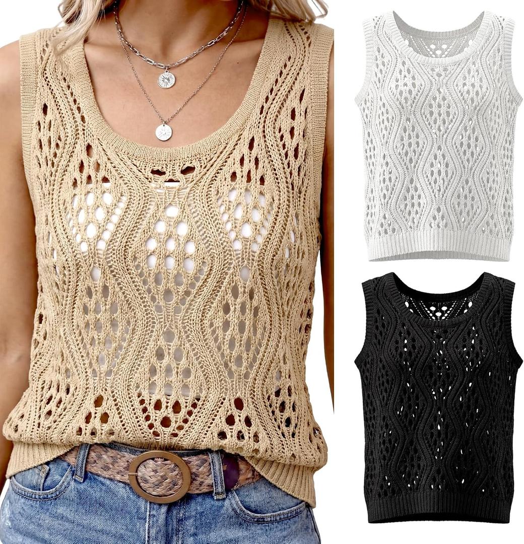 2 x Patelai 3 Pcs Women Crochet Vest Tank Top Beige White Black Hollow Summer Sleeveless Sweater Knit Boho Trendy Resort Beach (M)