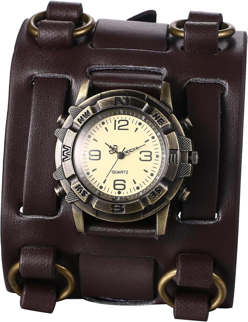 Avaner Vintage Punk Leather Watches: Wide Band Retro Analog Quartz Cuff Watches for Men (Brown Strap Bronze Dial)