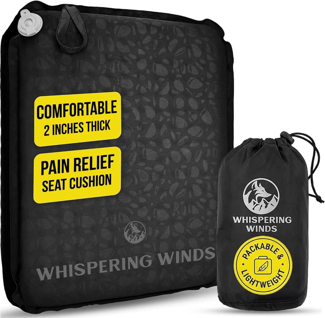 Whispering Winds Inflatable Seat Cushion - Comfortable Blow-up Foam Pad for Airplane, Travel, Stadium, Outdoors, Camping, Car & More (Large, Black - 1pack)