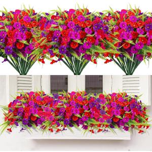 Artificial Flowers Outdoors 12 Bundles Artificial Petunias Fake Flowers UV Resistant Shrubs Plants with Fern for Indoor Outside Hanging Planters Home Garden Summer Decorations (Mixed)