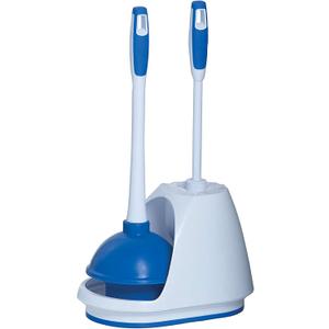 Mr. Clean Toilet Plunger and Bowl Brush Combo with Caddy, 3-Piece Heavy-Duty Plunger, Toilet Brush, and Caddy Set, White/Blue