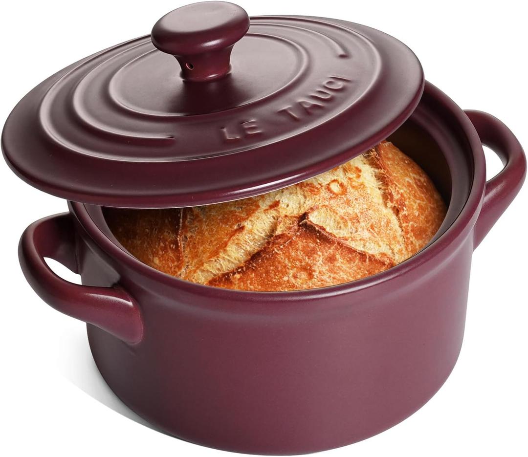 LE TAUCI 3 Quart Ceramic Dutch Oven for Bread Baking, Dutch Oven Pot with Lid for Sourdough Bread, Non-Coated and Non-Toxic Ceramic Bread Oven Pan, Use as Soup and Stew Pot, Burgundy Red