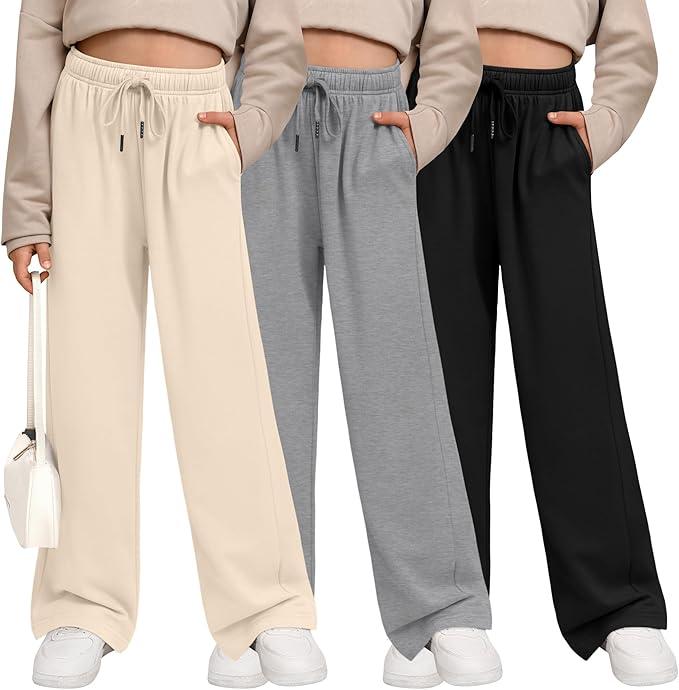 3 Pack Girls Wide Leg Sweatpants Drawstring Baggy Pants Teen Girls Athletic Joggers Pants with Pockets, Size M