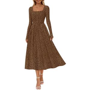 MEROKEETY Women's Floral 2025 Fall Midi Dresses Long Sleeve Square Neck Flowy A Line Wedding Ruched Dress Pockets