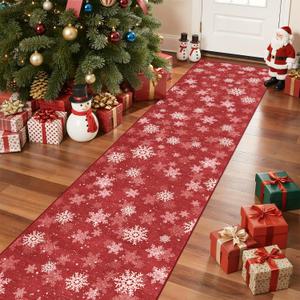 Christmas Runner Rug 2x8, Washable Snowflake Rugs for Living Room, Ultra-Thin Hallway Rug Runner Non Slip, Soft Red Holiday Decor Indoor for Entrance, Bedroom(2'x8', Red/White)