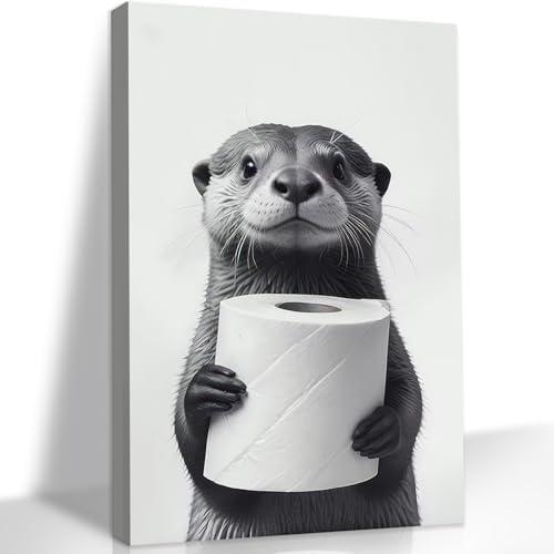 DCMVJHZV Funny Bathroom Wall Art Cute Otter Canvas Wall Decor Black and White Farmhouse Animal Pictures Prints Modern Bathroom Humor Painting Wall Decor Ready to Hang(12"x16")