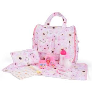 BABESIDE 10 Pcs Baby Doll Diaper Bag Set, Reborn Baby Doll Accessories Set with 2-in-1 Diaper Bag Changing Pad and Baby Dolls Bath Set for Kids Pretend Play Toys, Pink